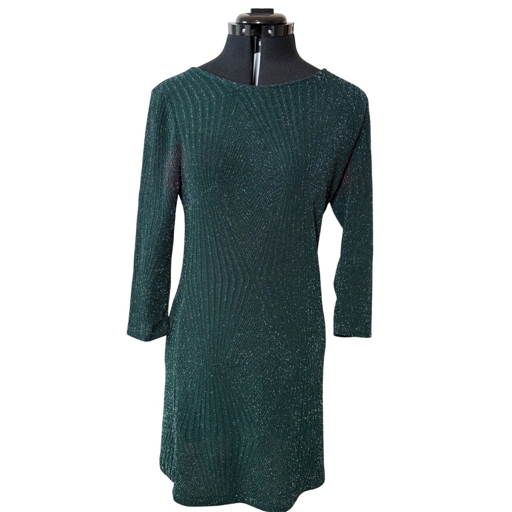 Trixxi Dark Green Metallic Knit 3/4 Sleeve Shift Dress Women Medium Glitter Glam